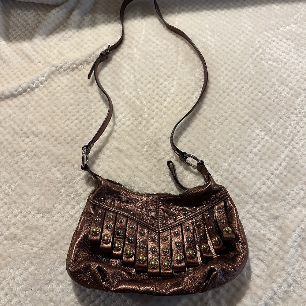 B. Makowsky Studded Fringe Brown Leather Crossbody bag